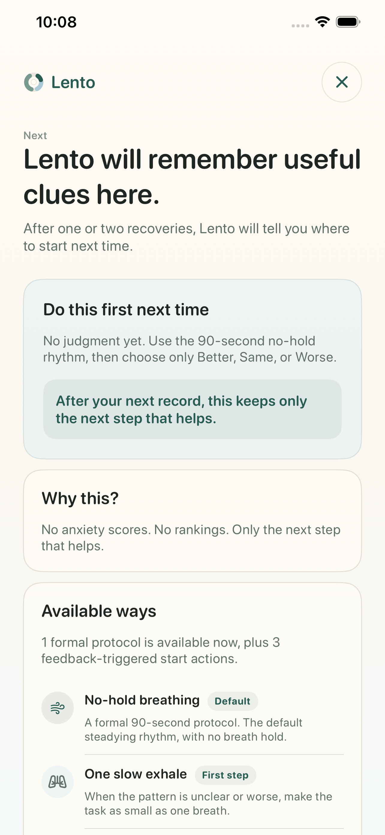 Lento next screen explaining what to try first next time