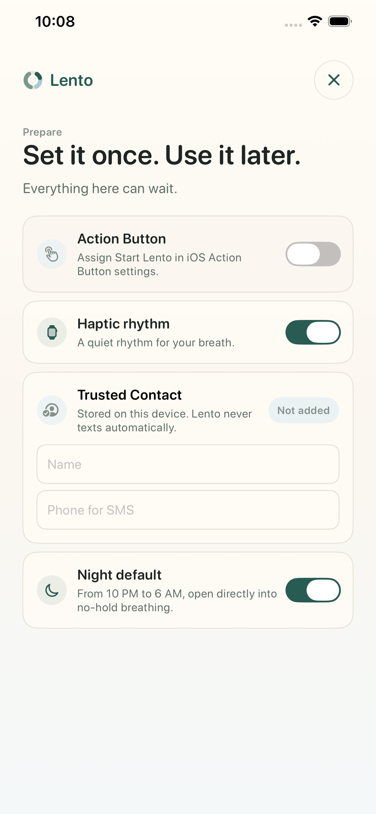 Lento prepare screen with Action Button, haptic rhythm, trusted contact, and night default rows