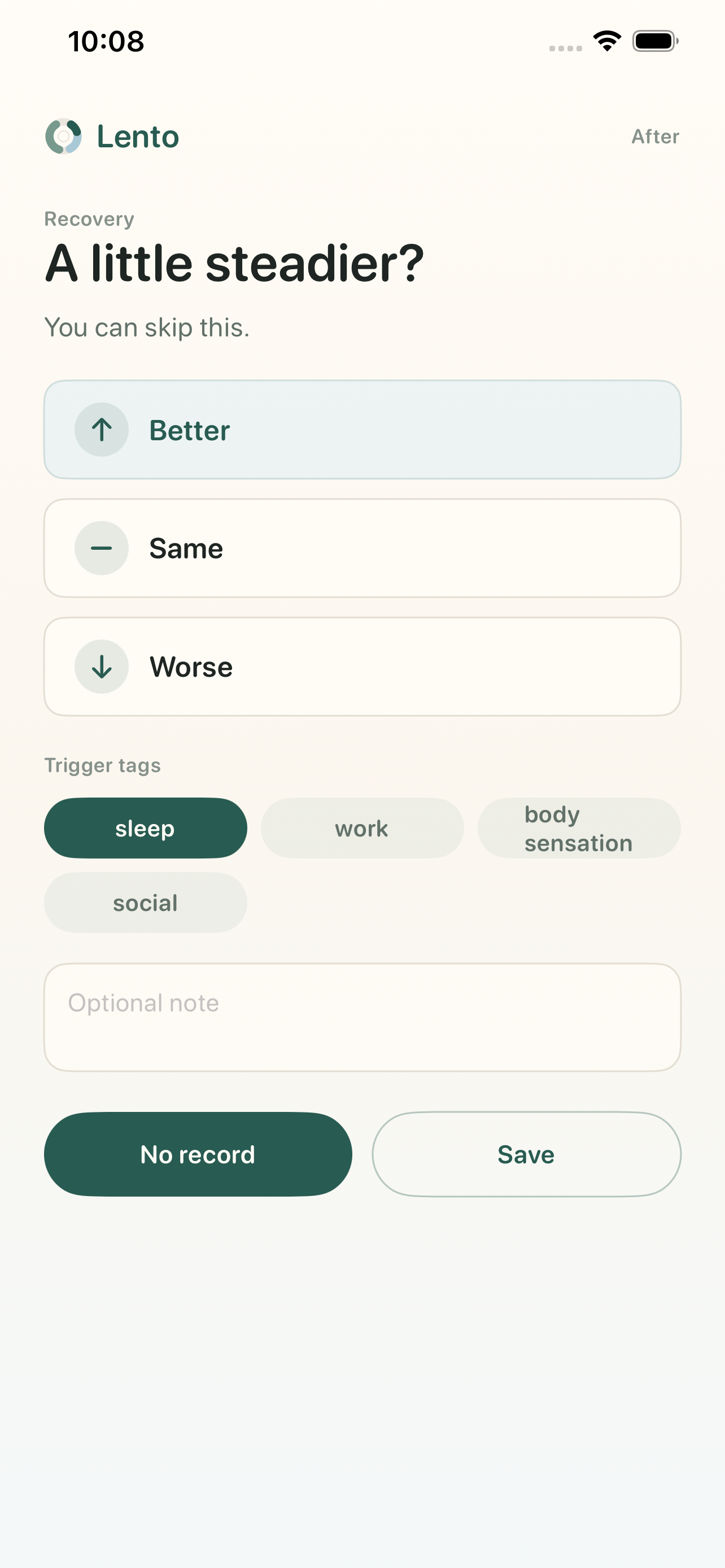 Lento recovery screen with Better, Same, and Worse choices